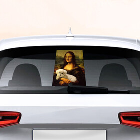 Наклейка на авто - для заднего стекла с принтом Моно Лиза с собакой в Тюмени, ПВХ | Точные размеры наклейки зависят от выбранного изображения (ширина не больше 75 мм, высота не больше 45 мм) | животные | картина | моно лиза | моно лиза с собакой | собака