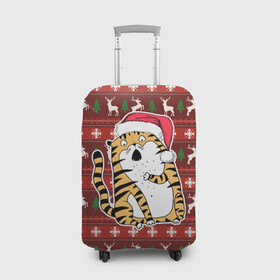 Чехол для чемодана 3D с принтом Рождественский удивленный тигр в Тюмени, 86% полиэфир, 14% спандекс | двустороннее нанесение принта, прорези для ручек и колес | 2022 | год тигра | новый год | новый год 2022 | символ года | тигр | тигренок | тигрица | тигры