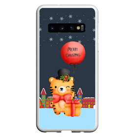 Чехол для Samsung Galaxy S10 с принтом Новогодний тигренок с красным шариком в Тюмени, Силикон | Область печати: задняя сторона чехла, без боковых панелей | 2022 | год тигра | новый год | новый год 2022 | символ года | тигр | тигренок | тигрица | тигры