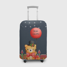 Чехол для чемодана 3D с принтом Новогодний тигренок с красным шариком в Тюмени, 86% полиэфир, 14% спандекс | двустороннее нанесение принта, прорези для ручек и колес | 2022 | год тигра | новый год | новый год 2022 | символ года | тигр | тигренок | тигрица | тигры
