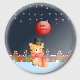 Значок с принтом Новогодний тигренок с красным шариком в Тюмени,  металл | круглая форма, металлическая застежка в виде булавки | 2022 | год тигра | новый год | новый год 2022 | символ года | тигр | тигренок | тигрица | тигры