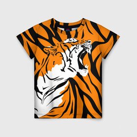 Детская футболка 3D с принтом Тигровый окрас в Тюмени, 100% гипоаллергенный полиэфир | прямой крой, круглый вырез горловины, длина до линии бедер, чуть спущенное плечо, ткань немного тянется | 2022 | aggressive | brindle color | fangs | in profile | new year | open mouth | predator | tiger | year of the tiger | агрессивный | в профиль | год тигра | клыки | новый год | открытая пасть | тигр | тигровый окрас | хищник