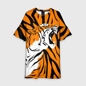 Детское платье 3D с принтом Тигровый окрас в Тюмени, 100% полиэстер | прямой силуэт, чуть расширенный к низу. Круглая горловина, на рукавах — воланы | 2022 | aggressive | brindle color | fangs | in profile | new year | open mouth | predator | tiger | year of the tiger | агрессивный | в профиль | год тигра | клыки | новый год | открытая пасть | тигр | тигровый окрас | хищник