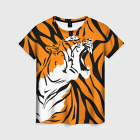 Женская футболка 3D с принтом Тигровый окрас в Тюмени, 100% полиэфир ( синтетическое хлопкоподобное полотно) | прямой крой, круглый вырез горловины, длина до линии бедер | 2022 | aggressive | brindle color | fangs | in profile | new year | open mouth | predator | tiger | year of the tiger | агрессивный | в профиль | год тигра | клыки | новый год | открытая пасть | тигр | тигровый окрас | хищник