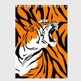 Скетчбук с принтом Тигровый окрас в Тюмени, 100% бумага
 | 48 листов, плотность листов — 100 г/м2, плотность картонной обложки — 250 г/м2. Листы скреплены сверху удобной пружинной спиралью | 2022 | aggressive | brindle color | fangs | in profile | new year | open mouth | predator | tiger | year of the tiger | агрессивный | в профиль | год тигра | клыки | новый год | открытая пасть | тигр | тигровый окрас | хищник