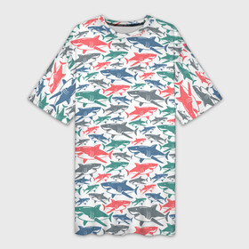 Платье-футболка 3D с принтом Разноцветные Акулы в Тюмени,  |  | fish | ocean | predator | shark | white shark | акула | белая акула | зубы | море | морской хищник | океан | рыба | хищная рыба | хищник
