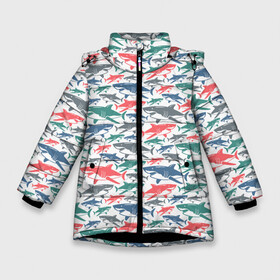 Зимняя куртка для девочек 3D с принтом Разноцветные Акулы в Тюмени, ткань верха — 100% полиэстер; подклад — 100% полиэстер, утеплитель — 100% полиэстер. | длина ниже бедра, удлиненная спинка, воротник стойка и отстегивающийся капюшон. Есть боковые карманы с листочкой на кнопках, утяжки по низу изделия и внутренний карман на молнии. 

Предусмотрены светоотражающий принт на спинке, радужный светоотражающий элемент на пуллере молнии и на резинке для утяжки. | Тематика изображения на принте: fish | ocean | predator | shark | white shark | акула | белая акула | зубы | море | морской хищник | океан | рыба | хищная рыба | хищник