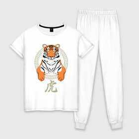 Женская пижама хлопок с принтом Тигр в раме в Тюмени, 100% хлопок | брюки и футболка прямого кроя, без карманов, на брюках мягкая резинка на поясе и по низу штанин | 2022 | chinese character | framed | new year | ornament | powerful | predator | strong | tiger | year of the tiger | yellow look | в рамке | год тигра | жёлтый взгляд | китайский иероглиф | мощный | новый год | орнамент | сильный | тигр | хищник