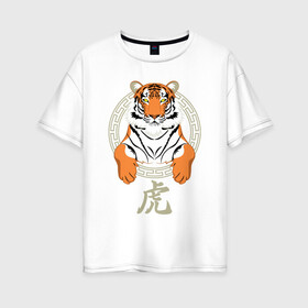 Женская футболка хлопок Oversize с принтом Тигр в раме в Тюмени, 100% хлопок | свободный крой, круглый ворот, спущенный рукав, длина до линии бедер
 | 2022 | chinese character | framed | new year | ornament | powerful | predator | strong | tiger | year of the tiger | yellow look | в рамке | год тигра | жёлтый взгляд | китайский иероглиф | мощный | новый год | орнамент | сильный | тигр | хищник