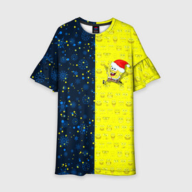 Детское платье 3D с принтом Новогодний Губка Боб в Тюмени, 100% полиэстер | прямой силуэт, чуть расширенный к низу. Круглая горловина, на рукавах — воланы | christmas | santa | sponge bob | spongebob | губка боб | дед мороз | зима | квадратные штаны | мультфильм | новый год | рождество | санта | сквэр пэнтс | снег | снежинка | спанч боб