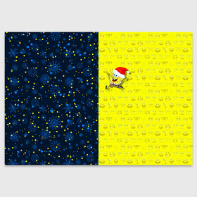 Поздравительная открытка с принтом Новогодний Губка Боб в Тюмени, 100% бумага | плотность бумаги 280 г/м2, матовая, на обратной стороне линовка и место для марки
 | Тематика изображения на принте: christmas | santa | sponge bob | spongebob | губка боб | дед мороз | зима | квадратные штаны | мультфильм | новый год | рождество | санта | сквэр пэнтс | снег | снежинка | спанч боб