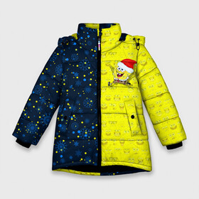 Зимняя куртка для девочек 3D с принтом Новогодний Губка Боб в Тюмени, ткань верха — 100% полиэстер; подклад — 100% полиэстер, утеплитель — 100% полиэстер. | длина ниже бедра, удлиненная спинка, воротник стойка и отстегивающийся капюшон. Есть боковые карманы с листочкой на кнопках, утяжки по низу изделия и внутренний карман на молнии. 

Предусмотрены светоотражающий принт на спинке, радужный светоотражающий элемент на пуллере молнии и на резинке для утяжки. | Тематика изображения на принте: christmas | santa | sponge bob | spongebob | губка боб | дед мороз | зима | квадратные штаны | мультфильм | новый год | рождество | санта | сквэр пэнтс | снег | снежинка | спанч боб