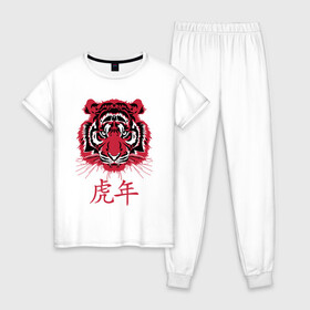 Женская пижама хлопок с принтом Китайский год тигра. в Тюмени, 100% хлопок | брюки и футболка прямого кроя, без карманов, на брюках мягкая резинка на поясе и по низу штанин | 2022 | chinese | hieroglyph | look | new year | powerful | predator | red | strong | tiger | year of the tiger | взгляд | год тигра | иероглиф | китайский | красный | мощный | новый год | сильный | тигр | хищник