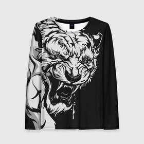 Женский лонгслив 3D с принтом Тигр: свирепый и кровожадный в Тюмени, 100% полиэстер | длинные рукава, круглый вырез горловины, полуприлегающий силуэт | 2022 | bloodthirsty | ferocious | look | powerful | predator | strong | tiger | year of the tiger | взгляд | год тигра | кровожадный | мощный | свирепый | сильный | тигр | хищник
