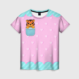 Женская футболка 3D с принтом Маленький тигр в кармане в Тюмени, 100% полиэфир ( синтетическое хлопкоподобное полотно) | прямой крой, круглый вырез горловины, длина до линии бедер | 2022 | год тигра | новый год | новый год 2022 | символ года | тигр | тигренок | тигрица | тигры