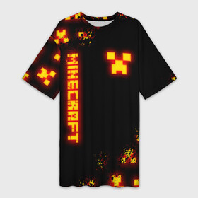 Платье-футболка 3D с принтом MINECRAFT ОГНЕННЫЙ КРИПЕР в Тюмени,  |  | block | creeper | cube | fire | flame | minecraft | pixel | tnt | блок | гаст | геометрия | крафт | крипер | кубики | майнкрафт | огеннный крипер | огонь | пиксели | пламя | тнт