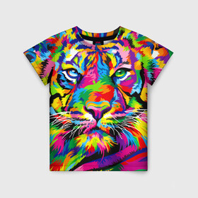 Детская футболка 3D с принтом Тигр в стиле поп арт в Тюмени, 100% гипоаллергенный полиэфир | прямой крой, круглый вырез горловины, длина до линии бедер, чуть спущенное плечо, ткань немного тянется | 2022 | art | beast | mosaic | multicolored head | new year | pop art | predator | rainbow | tiger | year of the tiger | год тигра | зверь | искусство | мозаика | новый год | радужный | разноцветная голова | тигр | хищник