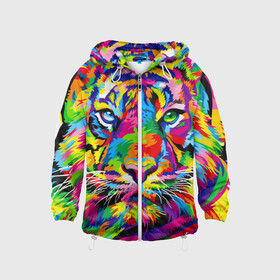 Детская ветровка 3D с принтом Тигр в стиле поп арт в Тюмени, 100% полиэстер | подол и капюшон оформлены резинкой с фиксаторами, по бокам два кармана без застежек, один потайной карман на груди | 2022 | art | beast | mosaic | multicolored head | new year | pop art | predator | rainbow | tiger | year of the tiger | год тигра | зверь | искусство | мозаика | новый год | радужный | разноцветная голова | тигр | хищник