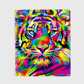 Тетрадь с принтом Тигр в стиле поп арт в Тюмени, 100% бумага | 48 листов, плотность листов — 60 г/м2, плотность картонной обложки — 250 г/м2. Листы скреплены сбоку удобной пружинной спиралью. Уголки страниц и обложки скругленные. Цвет линий — светло-серый
 | Тематика изображения на принте: 2022 | art | beast | mosaic | multicolored head | new year | pop art | predator | rainbow | tiger | year of the tiger | год тигра | зверь | искусство | мозаика | новый год | радужный | разноцветная голова | тигр | хищник