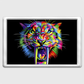 Магнит 45*70 с принтом Саблезубый тигр в стиле поп арт в Тюмени, Пластик | Размер: 78*52 мм; Размер печати: 70*45 | 2022 | art | beast | colorful head | mosaic | new year | pop art | predator | rainbow | sabertoothed tiger | year of the tiger | большие клыки | год тигра | зверь | искусство | мозаика | новый год | радужный | разноцветная голова | саблезубый тиг