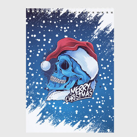 Скетчбук с принтом Merry Christmas | Счастливого Рождества | Skull в Тюмени, 100% бумага
 | 48 листов, плотность листов — 100 г/м2, плотность картонной обложки — 250 г/м2. Листы скреплены сверху удобной пружинной спиралью | Тематика изображения на принте: 2022 | christmas | cold | klaus | merry | new | santa | skull | snow | winter | year | год | дед | зима | клаус | мороз | новый | рождество | санта | скелет | снег | холод | череп