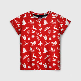 Детская футболка 3D с принтом НОВОГОДНИЙ УЗОР КРАСНО БЕЛЫЙ в Тюмени, 100% гипоаллергенный полиэфир | прямой крой, круглый вырез горловины, длина до линии бедер, чуть спущенное плечо, ткань немного тянется | Тематика изображения на принте: 2022 | beast | merry christmas | new year | red bow | santa hat | snow | tiger | winter | winter is coming | year of the tiger | год тигра | дед мороз | животные | звери | зверь | зима | зима 2022 | зима близко | новогодний свитер | новогодний у