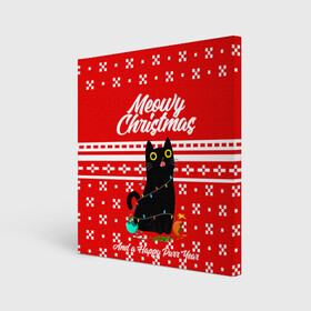 Холст квадратный с принтом MEOW | CHRISTMAS в Тюмени, 100% ПВХ |  | Тематика изображения на принте: 2020 | 2021 | 2022 | christmas | meow | meowy christmas | merry | кот | леденец | мяу | нг | новогодний | новый год | олени | рождество | свитер | узоры