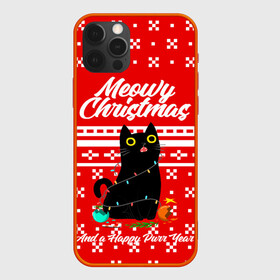 Чехол для iPhone 12 Pro с принтом MEOW | CHRISTMAS в Тюмени, силикон | область печати: задняя сторона чехла, без боковых панелей | 2020 | 2021 | 2022 | christmas | meow | meowy christmas | merry | кот | леденец | мяу | нг | новогодний | новый год | олени | рождество | свитер | узоры