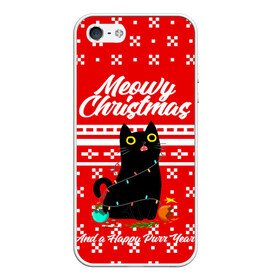 Чехол для iPhone 5/5S матовый с принтом MEOW | CHRISTMAS в Тюмени, Силикон | Область печати: задняя сторона чехла, без боковых панелей | 2020 | 2021 | 2022 | christmas | meow | meowy christmas | merry | кот | леденец | мяу | нг | новогодний | новый год | олени | рождество | свитер | узоры