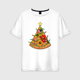 Женская футболка хлопок Oversize с принтом Новогодняя Пицца Елка в Тюмени, 100% хлопок | свободный крой, круглый ворот, спущенный рукав, длина до линии бедер
 | Тематика изображения на принте: christmas | pizza | гирлянда | елка | ель | звезда | новый год | пицца | рождество