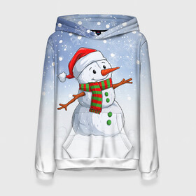 Женская толстовка 3D с принтом Веселый Снеговик   Happy Snowman в Тюмени, 100% полиэстер  | двухслойный капюшон со шнурком для регулировки, мягкие манжеты на рукавах и по низу толстовки, спереди карман-кенгуру с мягким внутренним слоем. | christmas | santa | snowman | дед мороз | елка | зима | новый год | рождество | санта | снег | снеговик | снегурочка | снежинка