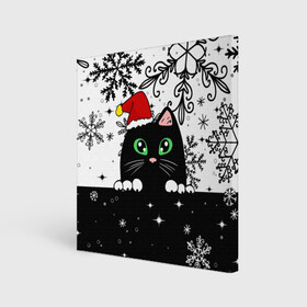 Холст квадратный с принтом Новогодний кот в колпаке Санты в Тюмени, 100% ПВХ |  | black cat | cat | christmas | kitten | kitty | merry christmas | new year | new year cat | santa | snow | snowflakes | winter | зима | киска | колпак | кот | котенок | кошак | новогодний кот | новый год | подарок | рождество | санта | снег 