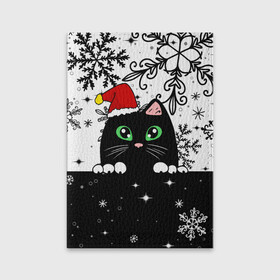 Обложка для паспорта матовая кожа с принтом Новогодний кот в колпаке Санты в Тюмени, натуральная матовая кожа | размер 19,3 х 13,7 см; прозрачные пластиковые крепления | black cat | cat | christmas | kitten | kitty | merry christmas | new year | new year cat | santa | snow | snowflakes | winter | зима | киска | колпак | кот | котенок | кошак | новогодний кот | новый год | подарок | рождество | санта | снег 