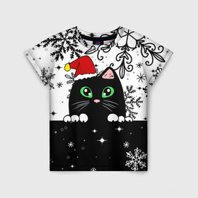 Детская футболка 3D с принтом Новогодний кот в колпаке Санты в Тюмени, 100% гипоаллергенный полиэфир | прямой крой, круглый вырез горловины, длина до линии бедер, чуть спущенное плечо, ткань немного тянется | black cat | cat | christmas | kitten | kitty | merry christmas | new year | new year cat | santa | snow | snowflakes | winter | зима | киска | колпак | кот | котенок | кошак | новогодний кот | новый год | подарок | рождество | санта | снег 