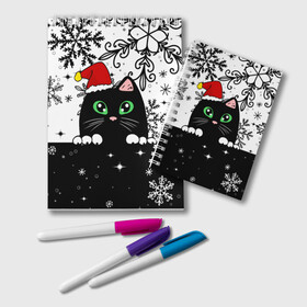 Блокнот с принтом Новогодний кот в колпаке Санты в Тюмени, 100% бумага | 48 листов, плотность листов — 60 г/м2, плотность картонной обложки — 250 г/м2. Листы скреплены удобной пружинной спиралью. Цвет линий — светло-серый
 | Тематика изображения на принте: black cat | cat | christmas | kitten | kitty | merry christmas | new year | new year cat | santa | snow | snowflakes | winter | зима | киска | колпак | кот | котенок | кошак | новогодний кот | новый год | подарок | рождество | санта | снег 