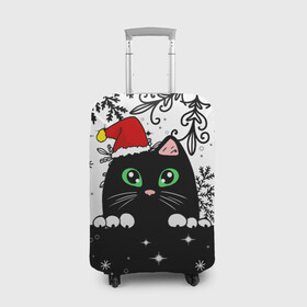 Чехол для чемодана 3D с принтом Новогодний кот в колпаке Санты в Тюмени, 86% полиэфир, 14% спандекс | двустороннее нанесение принта, прорези для ручек и колес | black cat | cat | christmas | kitten | kitty | merry christmas | new year | new year cat | santa | snow | snowflakes | winter | зима | киска | колпак | кот | котенок | кошак | новогодний кот | новый год | подарок | рождество | санта | снег 
