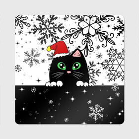 Магнит виниловый Квадрат с принтом Новогодний кот в колпаке Санты в Тюмени, полимерный материал с магнитным слоем | размер 9*9 см, закругленные углы | Тематика изображения на принте: black cat | cat | christmas | kitten | kitty | merry christmas | new year | new year cat | santa | snow | snowflakes | winter | зима | киска | колпак | кот | котенок | кошак | новогодний кот | новый год | подарок | рождество | санта | снег 