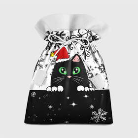 Подарочный 3D мешок с принтом Новогодний кот в колпаке Санты в Тюмени, 100% полиэстер | Размер: 29*39 см | Тематика изображения на принте: black cat | cat | christmas | kitten | kitty | merry christmas | new year | new year cat | santa | snow | snowflakes | winter | зима | киска | колпак | кот | котенок | кошак | новогодний кот | новый год | подарок | рождество | санта | снег 