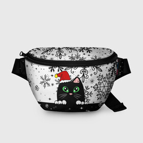 Поясная сумка 3D с принтом Новогодний кот в колпаке Санты в Тюмени, 100% полиэстер | плотная ткань, ремень с регулируемой длиной, внутри несколько карманов для мелочей, основное отделение и карман с обратной стороны сумки застегиваются на молнию | black cat | cat | christmas | kitten | kitty | merry christmas | new year | new year cat | santa | snow | snowflakes | winter | зима | киска | колпак | кот | котенок | кошак | новогодний кот | новый год | подарок | рождество | санта | снег 