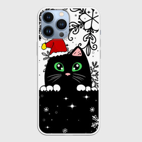 Чехол для iPhone 13 Pro Max с принтом Новогодний кот в колпаке Санты в Тюмени,  |  | black cat | cat | christmas | kitten | kitty | merry christmas | new year | new year cat | santa | snow | snowflakes | winter | зима | киска | колпак | кот | котенок | кошак | новогодний кот | новый год | подарок | рождество | санта | снег 