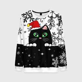 Женский свитшот 3D с принтом Новогодний кот в колпаке Санты в Тюмени, 100% полиэстер с мягким внутренним слоем | круглый вырез горловины, мягкая резинка на манжетах и поясе, свободная посадка по фигуре | black cat | cat | christmas | kitten | kitty | merry christmas | new year | new year cat | santa | snow | snowflakes | winter | зима | киска | колпак | кот | котенок | кошак | новогодний кот | новый год | подарок | рождество | санта | снег 
