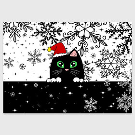 Поздравительная открытка с принтом Новогодний кот в колпаке Санты в Тюмени, 100% бумага | плотность бумаги 280 г/м2, матовая, на обратной стороне линовка и место для марки
 | black cat | cat | christmas | kitten | kitty | merry christmas | new year | new year cat | santa | snow | snowflakes | winter | зима | киска | колпак | кот | котенок | кошак | новогодний кот | новый год | подарок | рождество | санта | снег 