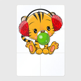 Магнитный плакат 2Х3 с принтом Тигренок в наушниках надувает жвачный пузырь в Тюмени, Полимерный материал с магнитным слоем | 6 деталей размером 9*9 см | Тематика изображения на принте: 2022 | год тигра | новый год | новый год 2022 | символ года | тигр | тигренок | тигрица | тигры
