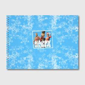 Альбом для рисования с принтом Happy holidays Fortnite в Тюмени, 100% бумага
 | матовая бумага, плотность 200 мг. | игра | персонажи | снег | снежинки | фото