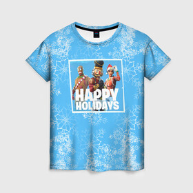 Женская футболка 3D с принтом Happy holidays Fortnite в Тюмени, 100% полиэфир ( синтетическое хлопкоподобное полотно) | прямой крой, круглый вырез горловины, длина до линии бедер | игра | персонажи | снег | снежинки | фото