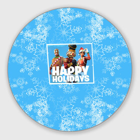 Круглый коврик для мышки с принтом Happy holidays Fortnite в Тюмени, резина и полиэстер | круглая форма, изображение наносится на всю лицевую часть | игра | персонажи | снег | снежинки | фото