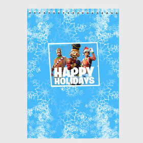 Скетчбук с принтом Happy holidays Fortnite в Тюмени, 100% бумага
 | 48 листов, плотность листов — 100 г/м2, плотность картонной обложки — 250 г/м2. Листы скреплены сверху удобной пружинной спиралью | игра | персонажи | снег | снежинки | фото