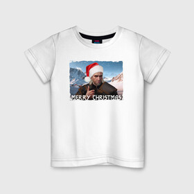 Детская футболка хлопок с принтом Ведьмак merry christmas в Тюмени, 100% хлопок | круглый вырез горловины, полуприлегающий силуэт, длина до линии бедер | горы | мужчина | охотник | персонаж | шапка