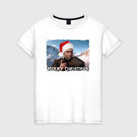 Женская футболка хлопок с принтом Ведьмак merry christmas в Тюмени, 100% хлопок | прямой крой, круглый вырез горловины, длина до линии бедер, слегка спущенное плечо | горы | мужчина | охотник | персонаж | шапка