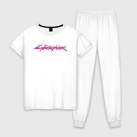 Женская пижама хлопок с принтом Гирлянда Cyberpunk в Тюмени, 100% хлопок | брюки и футболка прямого кроя, без карманов, на брюках мягкая резинка на поясе и по низу штанин | Тематика изображения на принте: гирлянда | игра | надпись | праздник | свет
